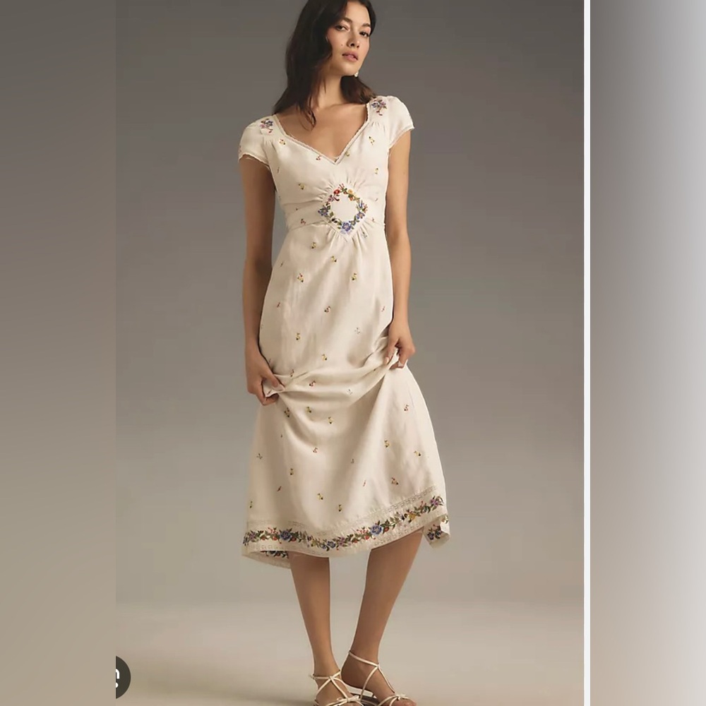 Anthropologie Cream Floral Embroidered Dress - Picture 2 of 16